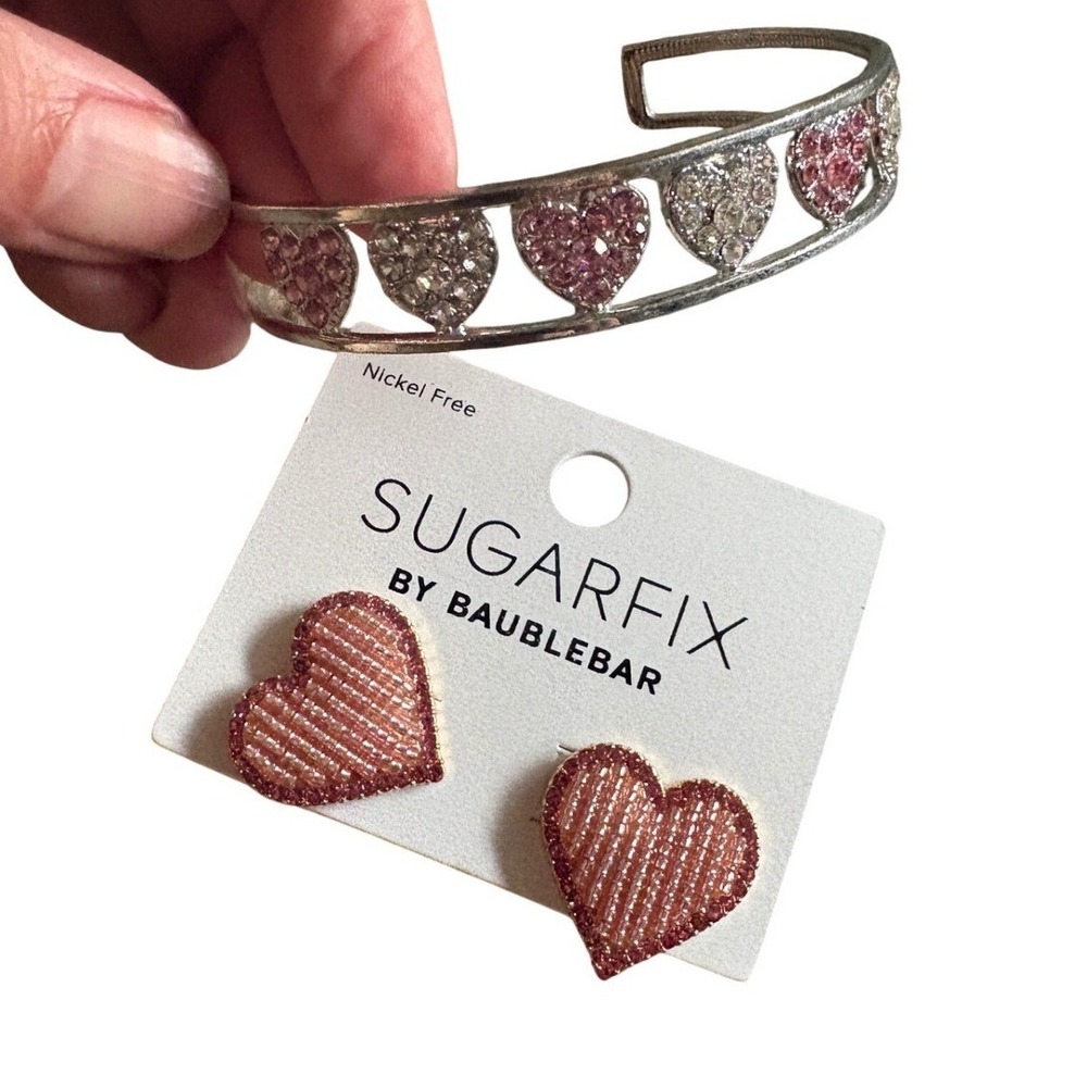 Sugarfix by Baublebar Pink Heart Stud Earrings and Rhinestone Cuff Bracelet Set